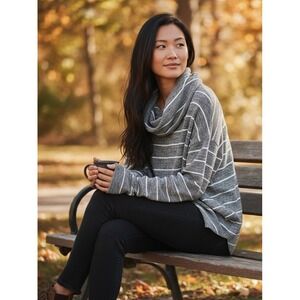 Lucky Brand Top Large Gray White Striped Cowl Neck‎ Long Sleeve Casual Soft